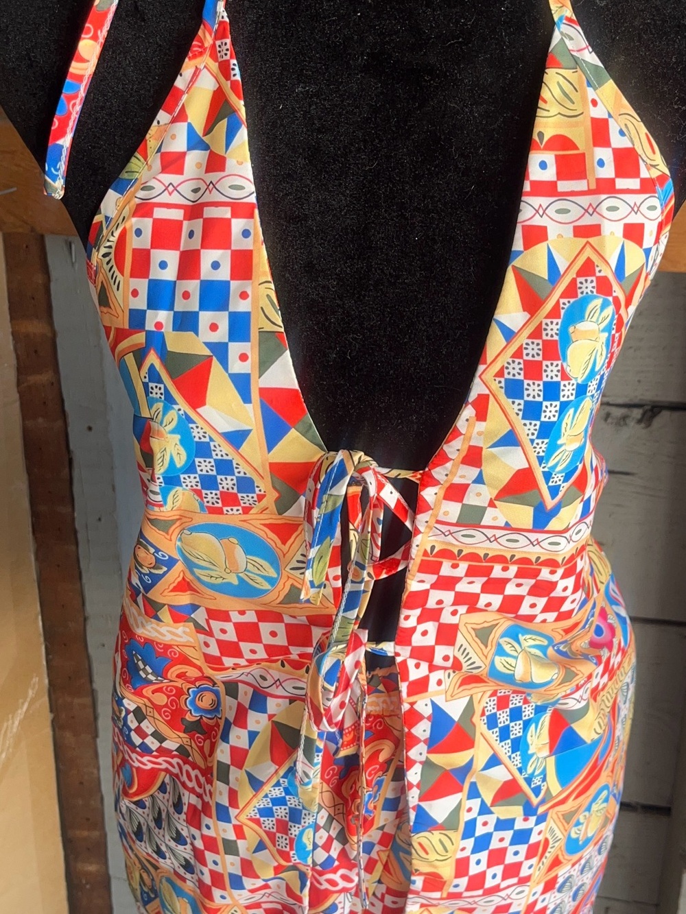 Colorful Geometric Halter Dress with Tie Front